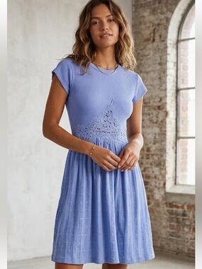 Free People Women’s Periwinkle Ribbed Knit Dress with Lace Waist